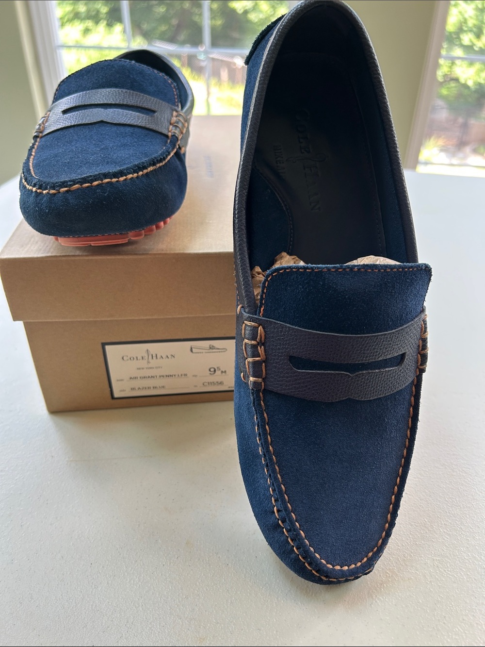 Cole Haan Air Grant Penny Loafer - Navy Suede with Brown Stitching